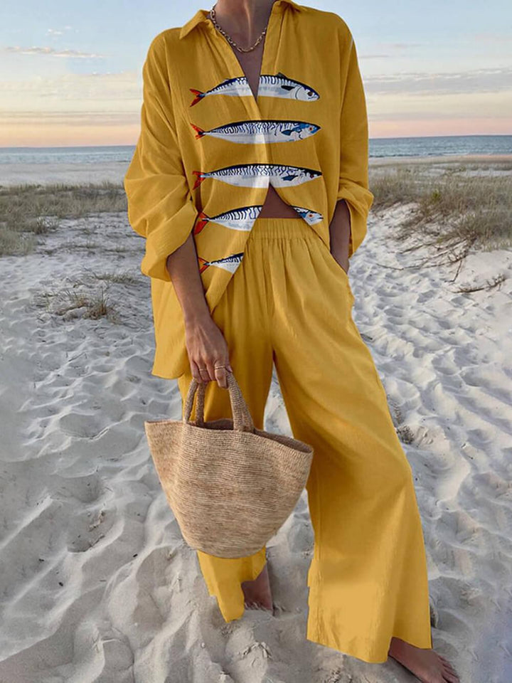 Mae | Completo Camicia Oversize con Stampa Oceano in Stile Insulare e Pantaloni con Tasche Elastiche