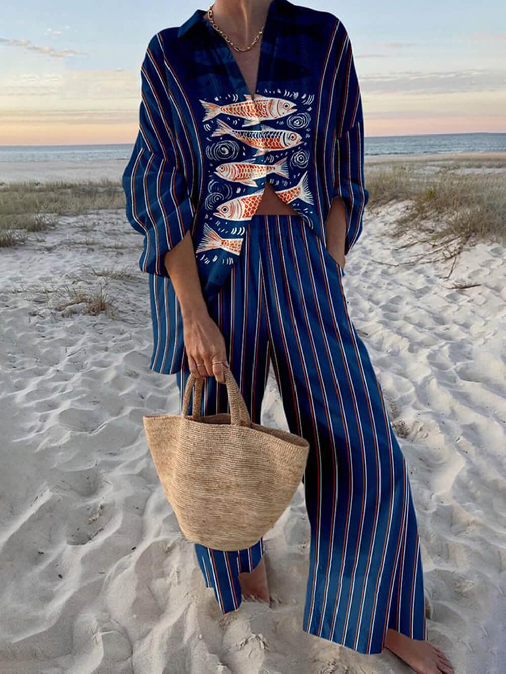 Mae | Completo Camicia Oversize con Stampa Oceano in Stile Insulare e Pantaloni con Tasche Elastiche