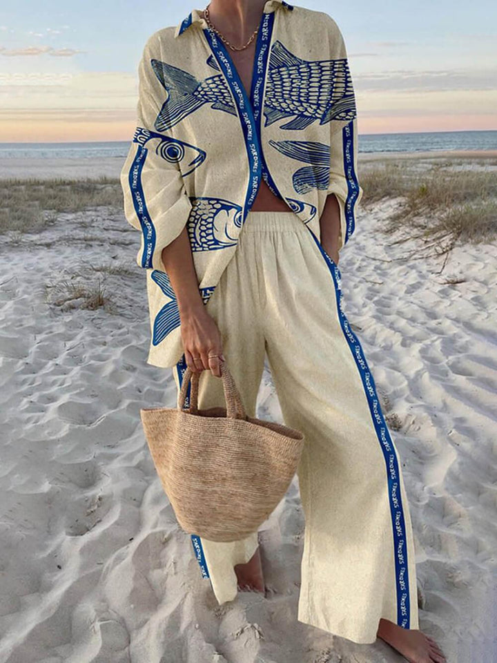 Mae | Completo Camicia Oversize con Stampa Oceano in Stile Insulare e Pantaloni con Tasche Elastiche