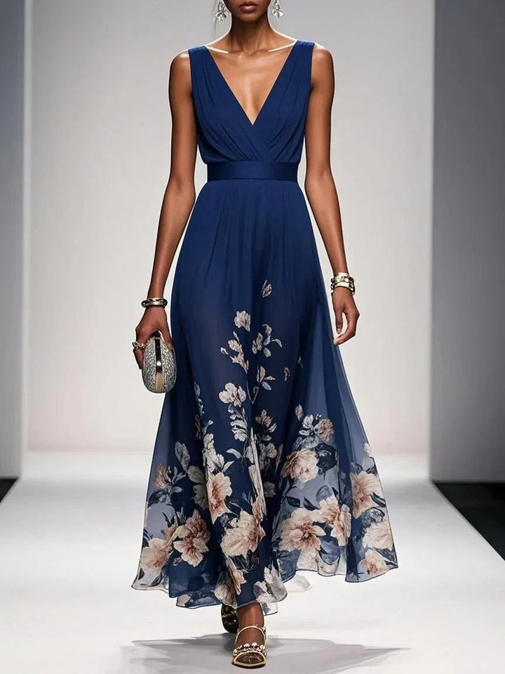 Rosa | Abito Maxi in Chiffon con Fiori Blu Chiaro e Scollatura a V