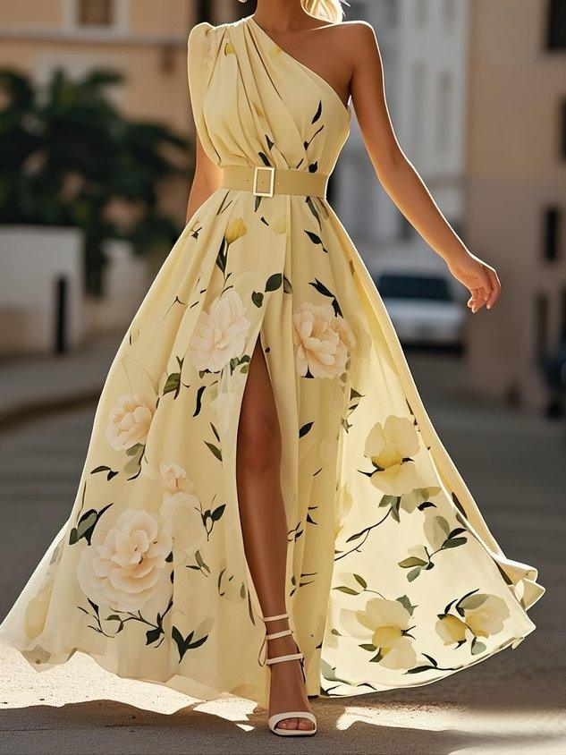 Julie | Abito Maxi Chiffon Floreale a Spalle Scoperte Verde Chiaro