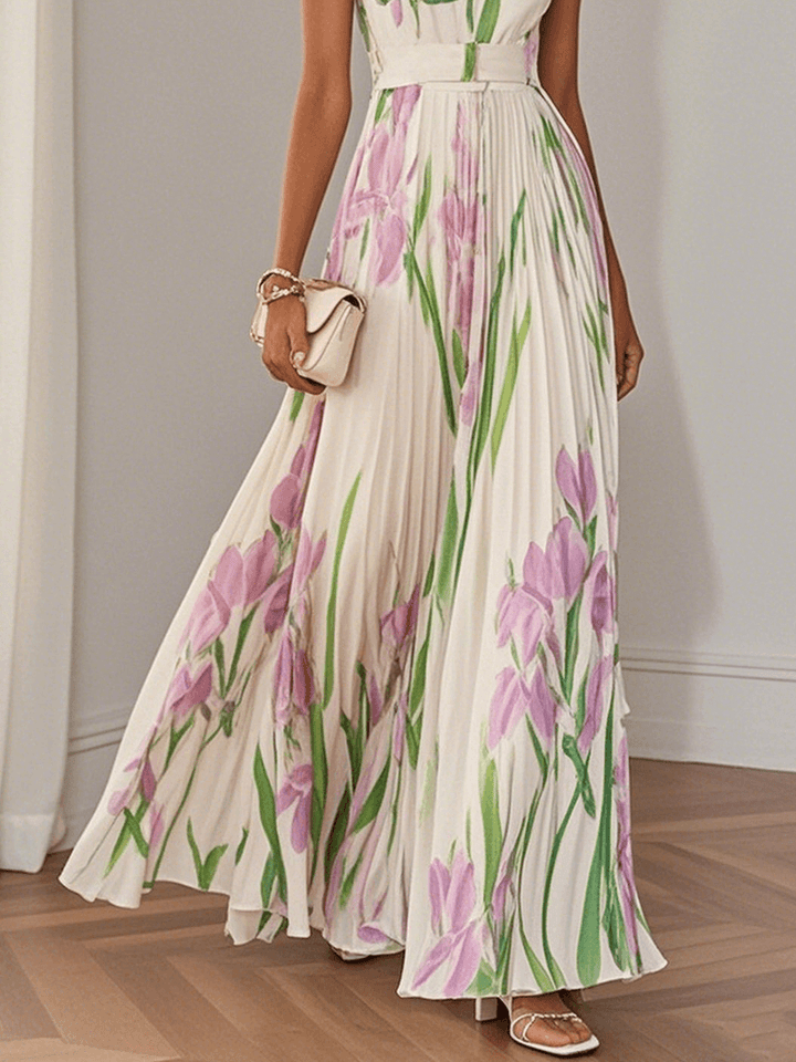 Marie | Abito Maxi Chiffon Floreale Plissettato Bianco