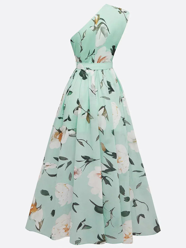 Julie | Abito Maxi Chiffon Floreale a Spalle Scoperte Verde Chiaro