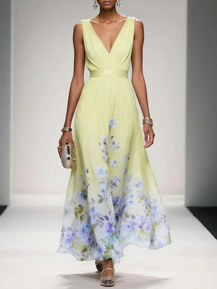 Rosa | Abito Maxi in Chiffon con Fiori Blu Chiaro e Scollatura a V
