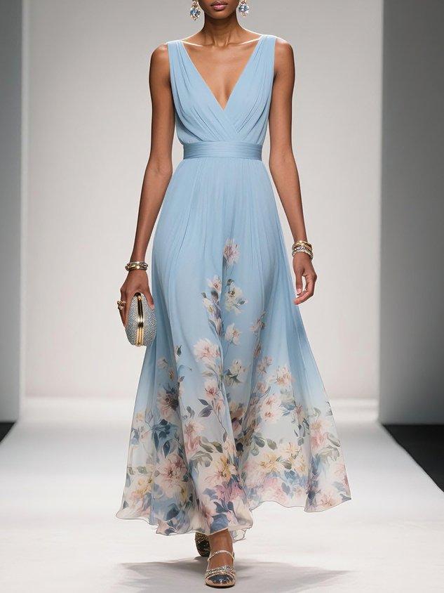 Rosa | Abito Maxi in Chiffon con Fiori Blu Chiaro e Scollatura a V