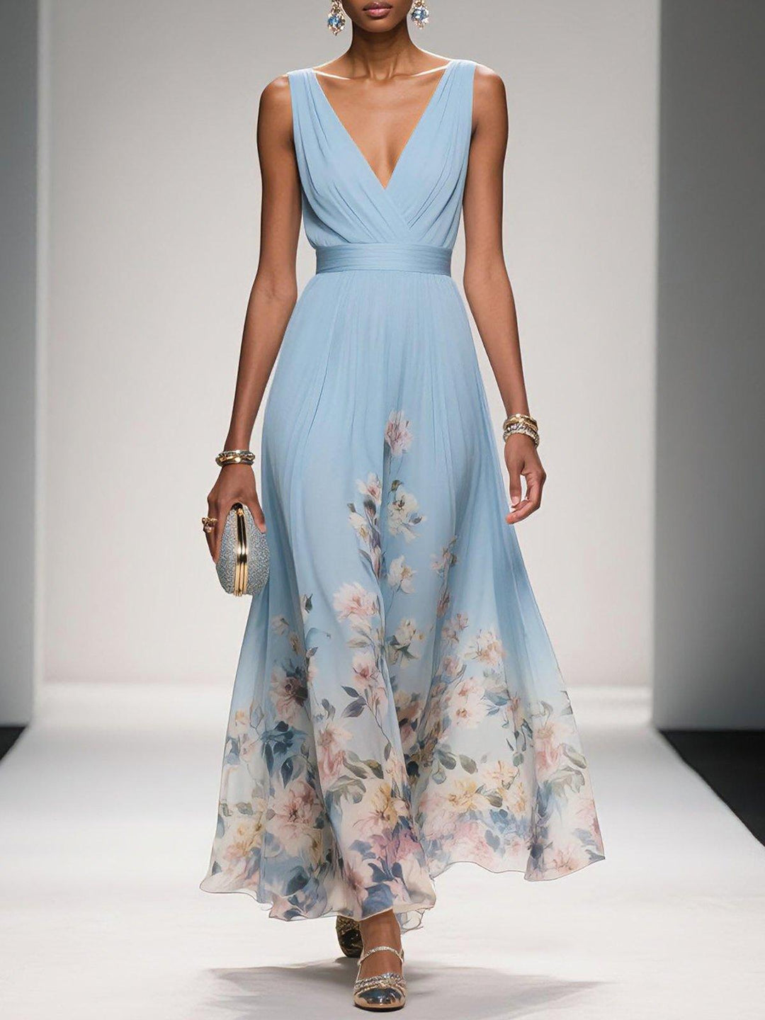 Rosa | Abito Maxi in Chiffon con Fiori Blu Chiaro e Scollatura a V
