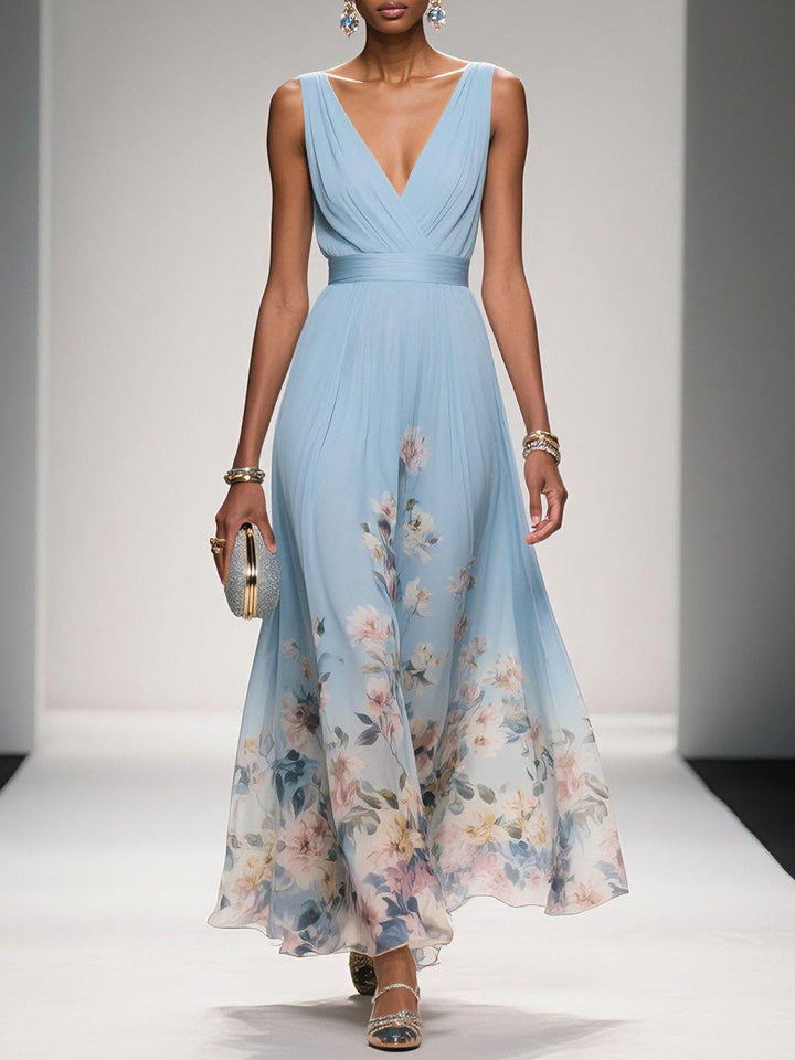 Rosa | Abito Maxi in Chiffon con Fiori Blu Chiaro e Scollatura a V
