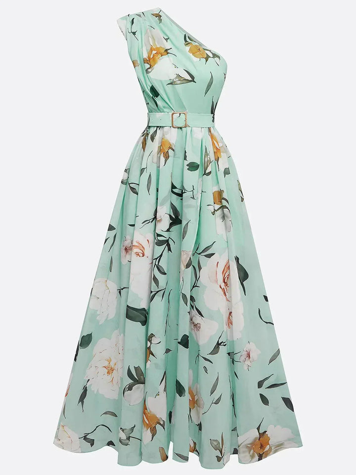 Julie | Abito Maxi Chiffon Floreale a Spalle Scoperte Verde Chiaro