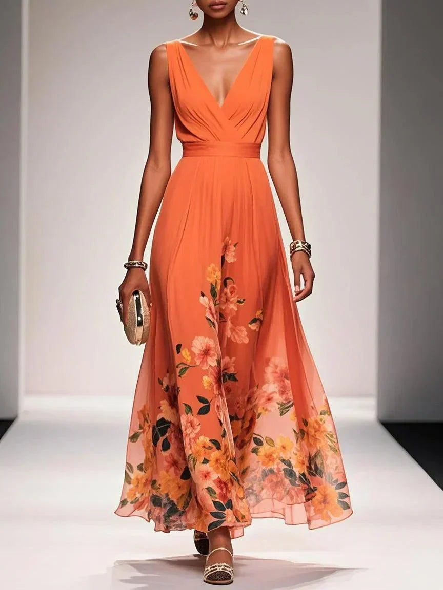 Rosa | Abito Maxi in Chiffon con Fiori Blu Chiaro e Scollatura a V