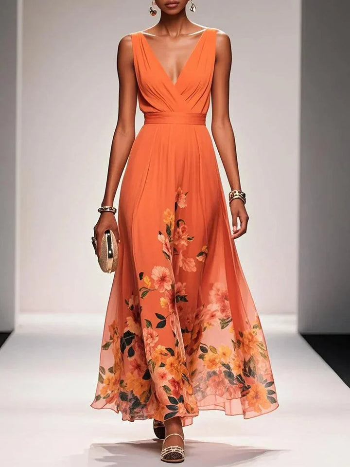 Rosa | Abito Maxi in Chiffon con Fiori Blu Chiaro e Scollatura a V