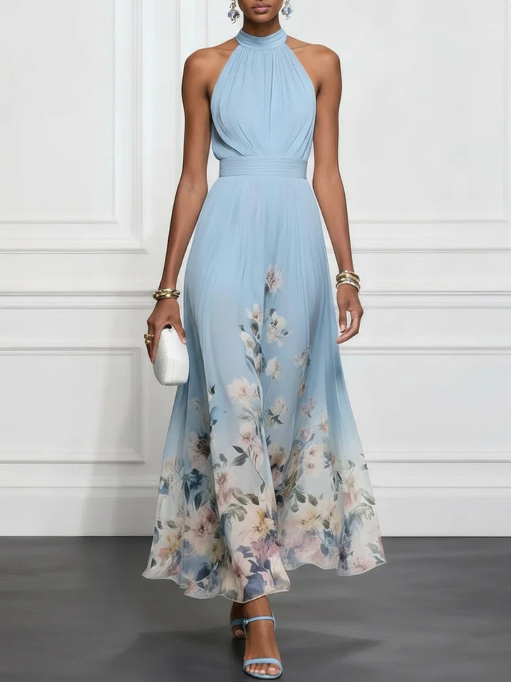 Rosalyn | Abito Maxi Chiffon con Fiori Blu
