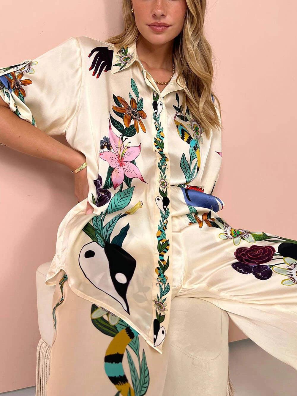 Nika | Completo camicia e pantaloni in satin con stampa unica, stile Resort