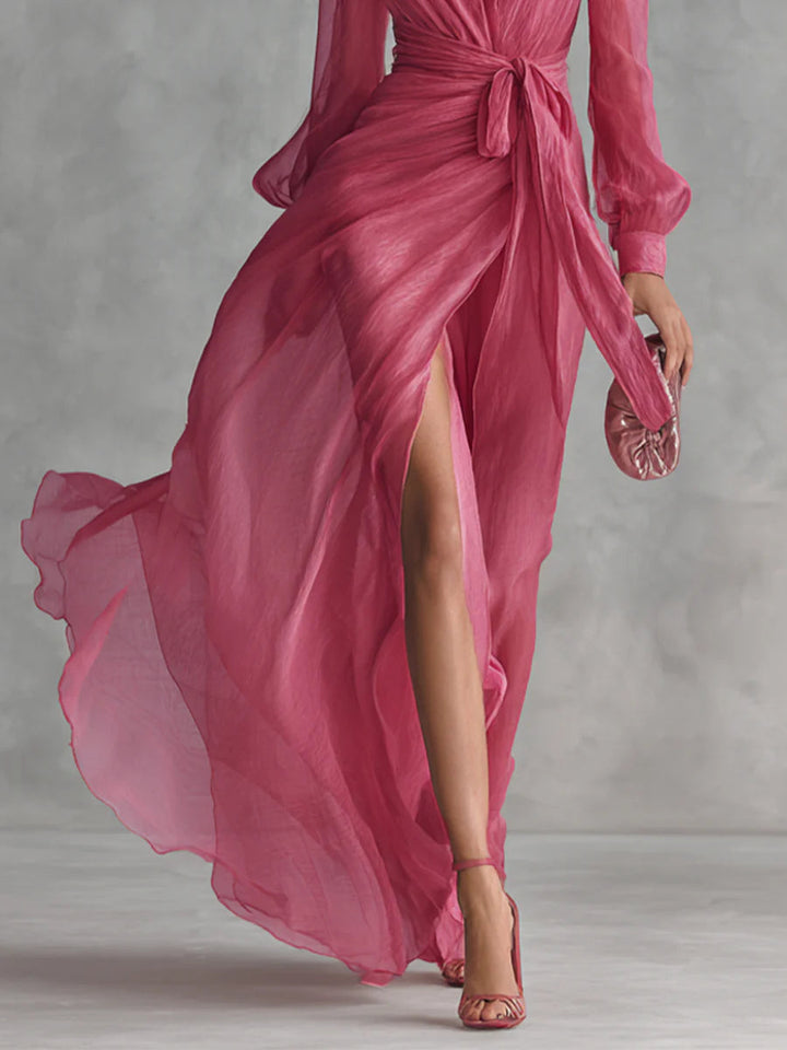 Beatrice | Abito lungo in chiffon elegante con scollatura a V e vita da annodare