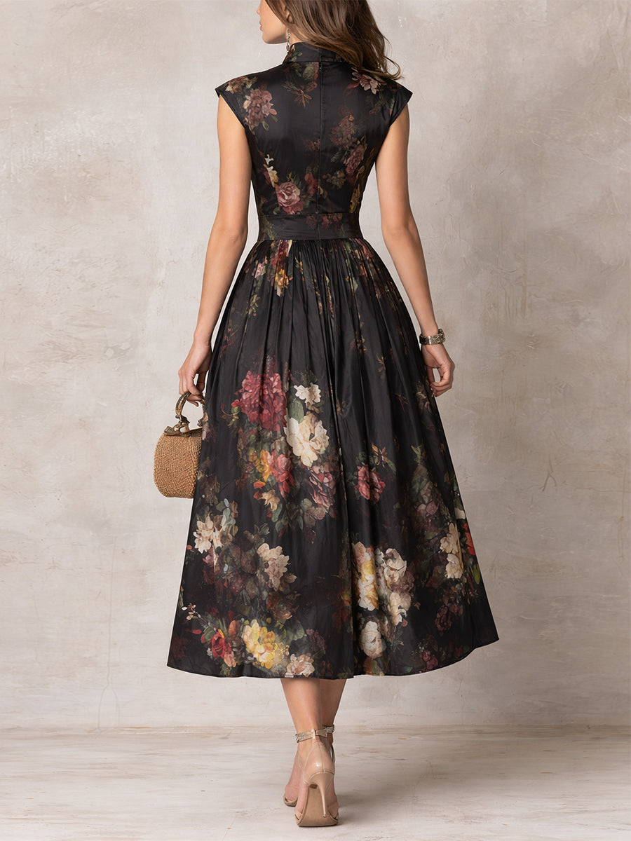 Patricia | Abito Midi Plissettato in Satin Floreale Nero