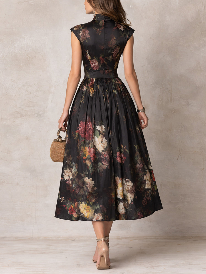 Patricia | Abito Midi Plissettato in Satin Floreale Nero