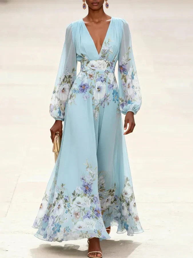 Mia | Abito Maxi Chiffon Floreale Blu Chiaro con Scollo a V