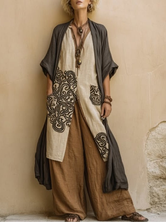 Sophie | Set di tre pezzi in grigio scuro e marrone con stampa tribale