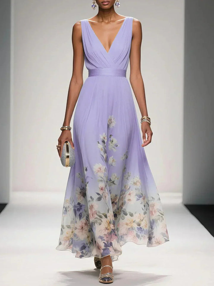 Rosa | Abito Maxi in Chiffon con Fiori Blu Chiaro e Scollatura a V