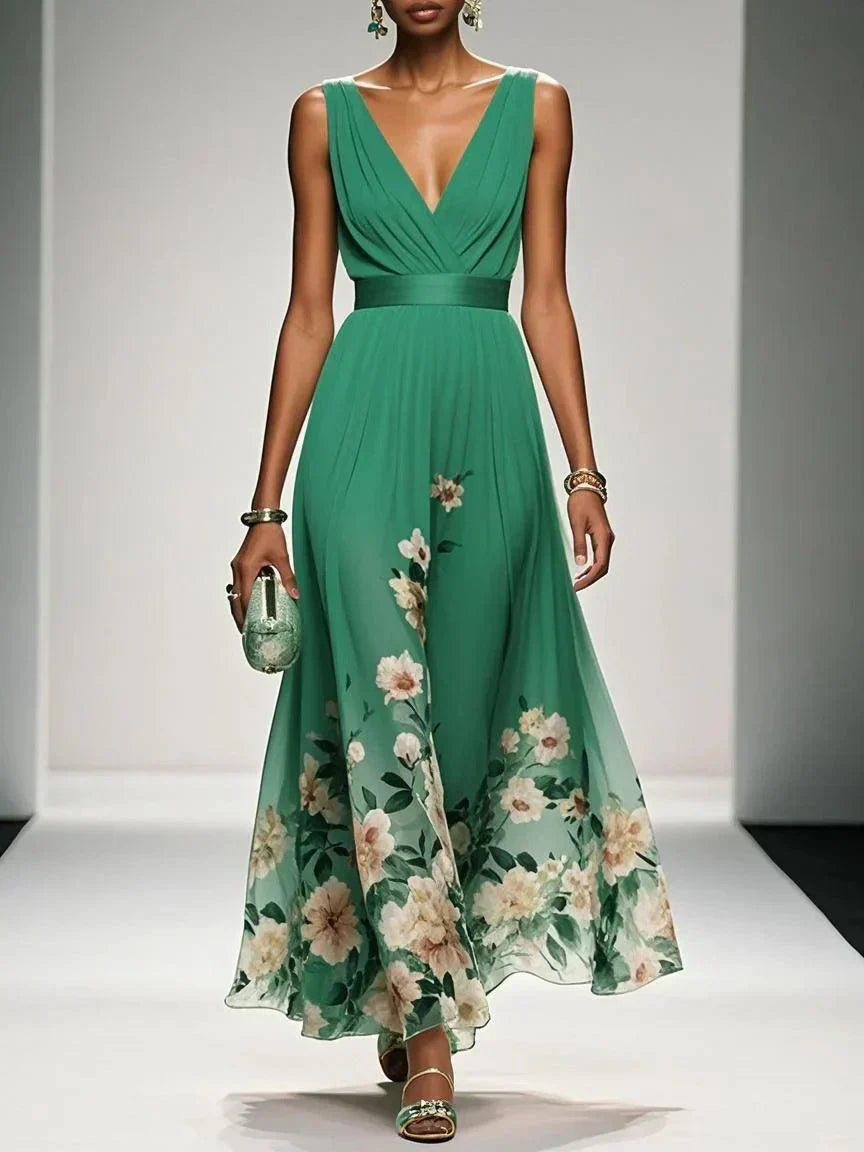 Rosa | Abito Maxi in Chiffon con Fiori Blu Chiaro e Scollatura a V