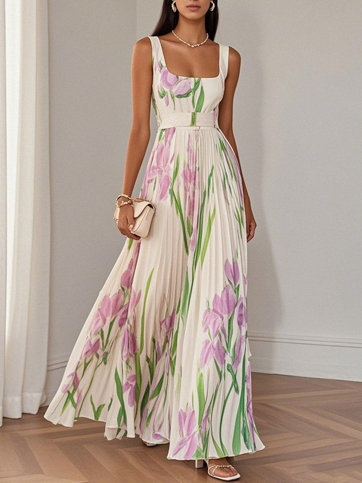 Marie | Abito Maxi Chiffon Floreale Plissettato Bianco