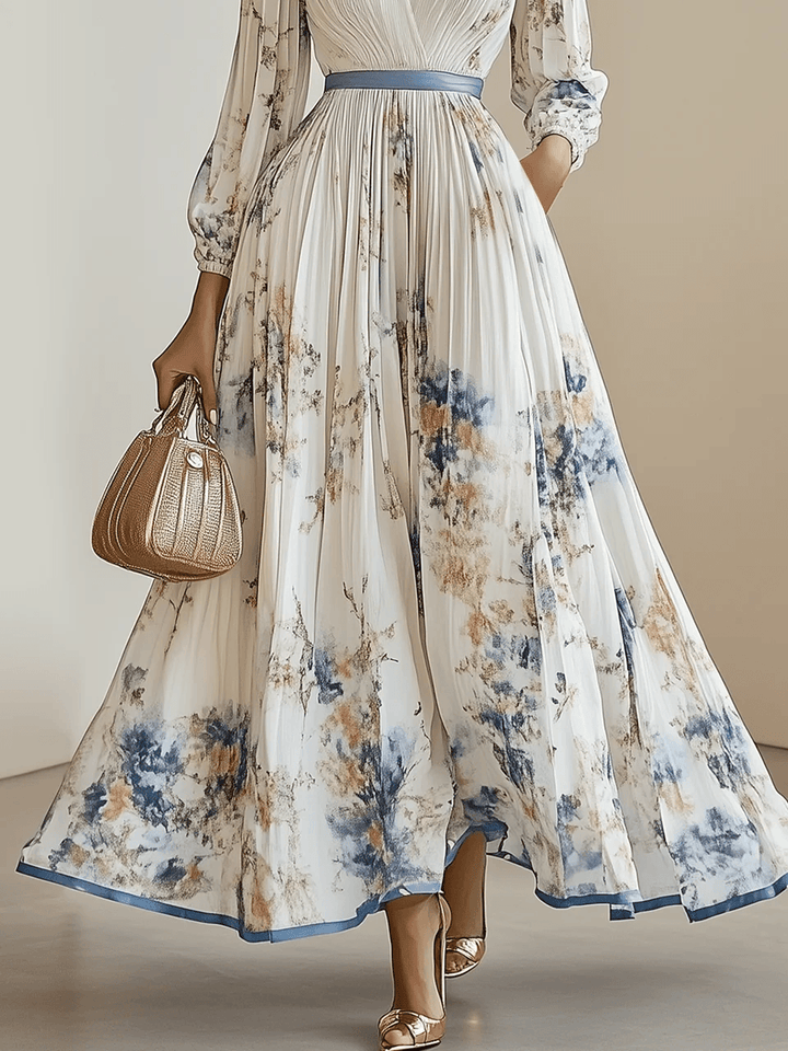 Amalia | Abito Maxi in Chiffon Floreale Bianco con Maniche Voluminose
