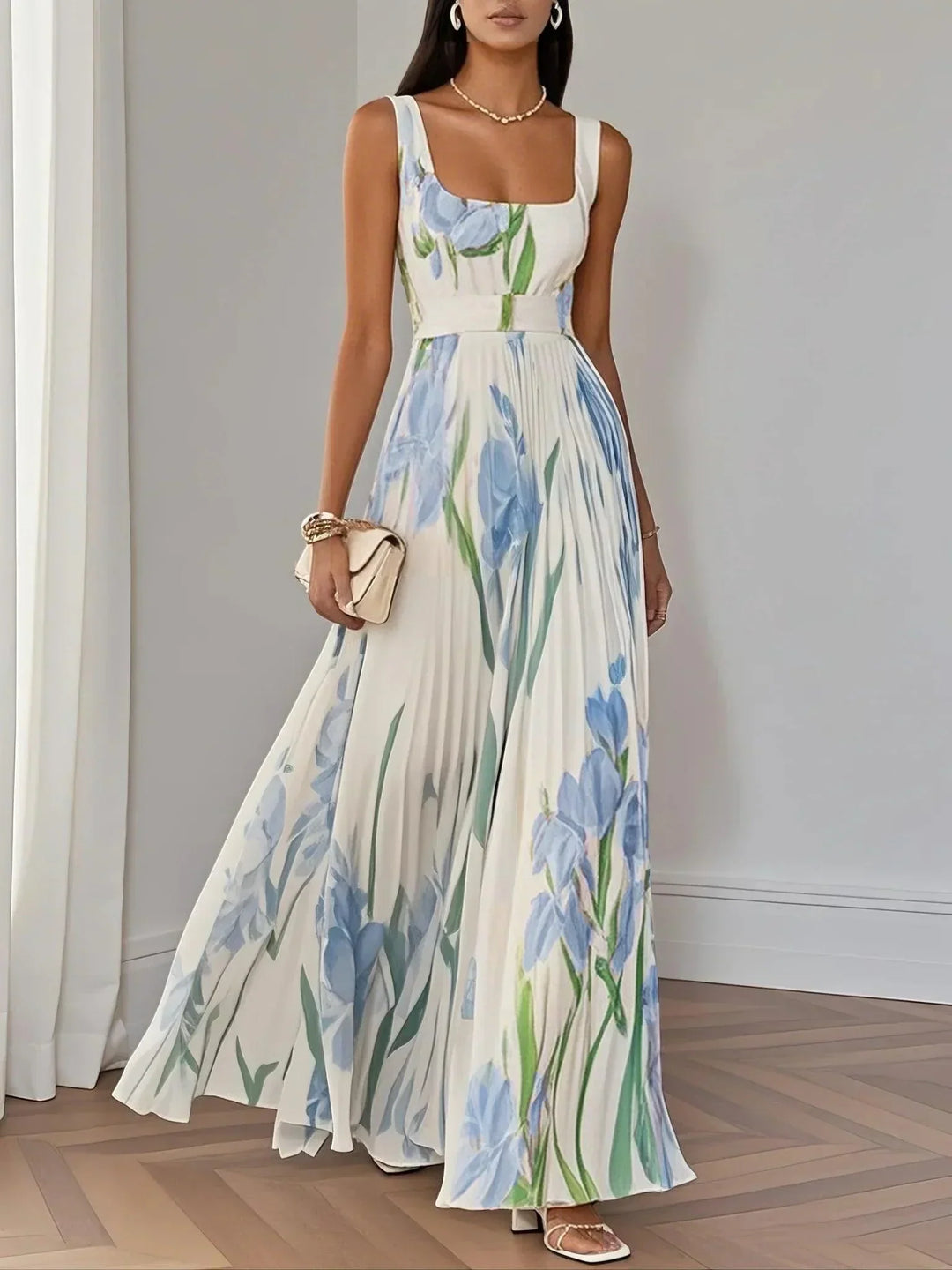 Marie | Abito Maxi Chiffon Floreale Plissettato Bianco