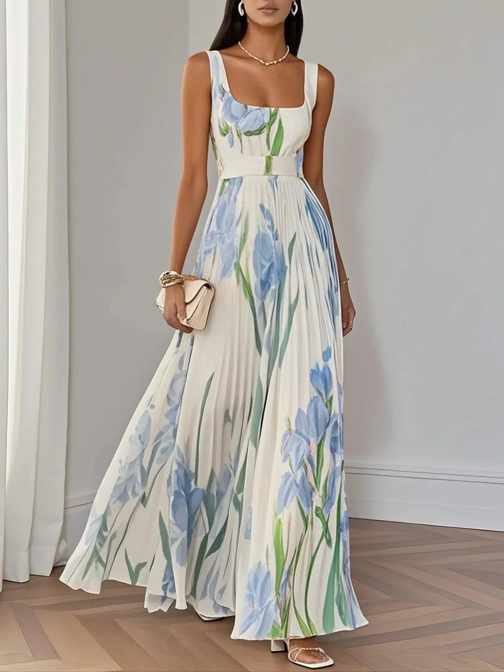 Marie | Abito Maxi Chiffon Floreale Plissettato Bianco