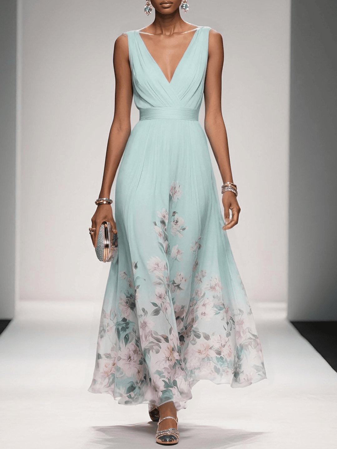 Rosa | Abito Maxi in Chiffon con Fiori Blu Chiaro e Scollatura a V