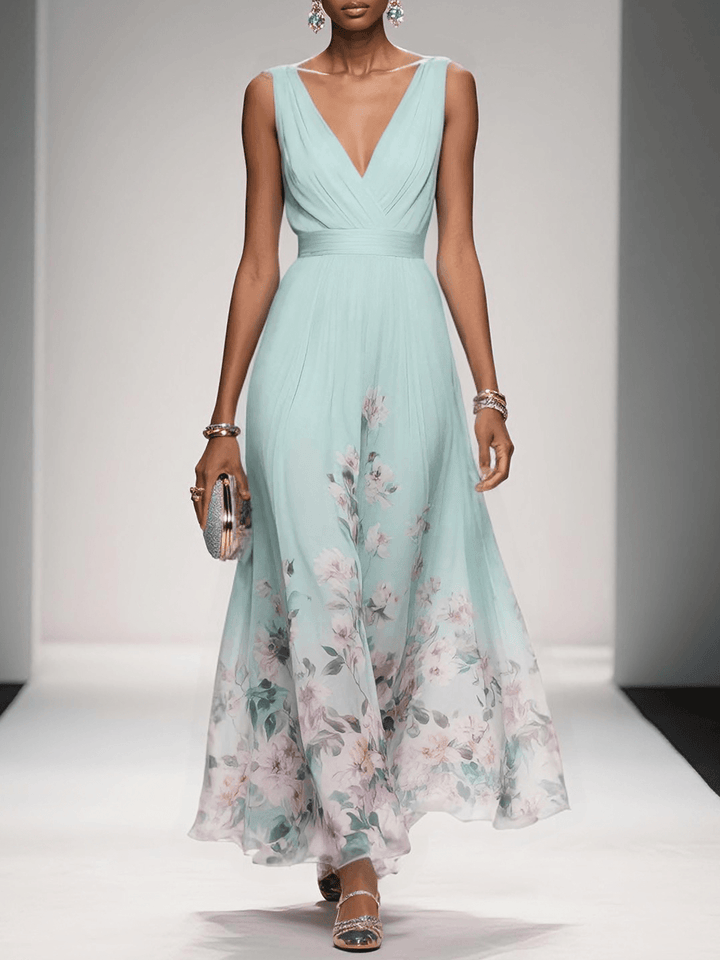 Rosa | Abito Maxi in Chiffon con Fiori Blu Chiaro e Scollatura a V