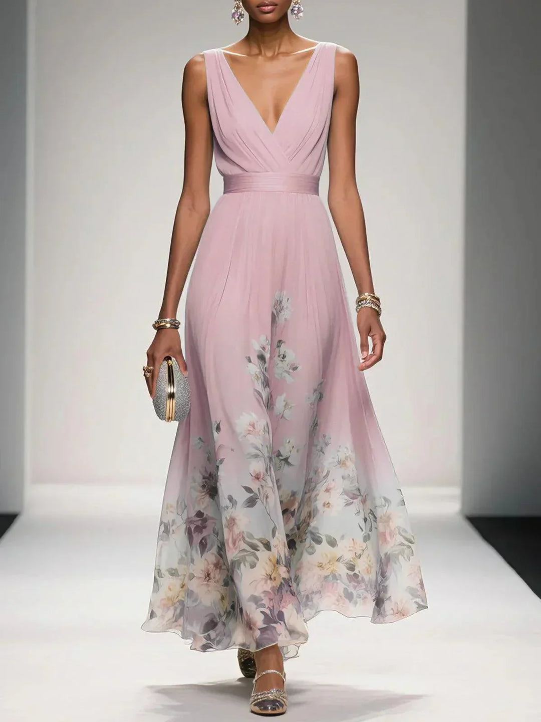 Rosa | Abito Maxi in Chiffon con Fiori Blu Chiaro e Scollatura a V