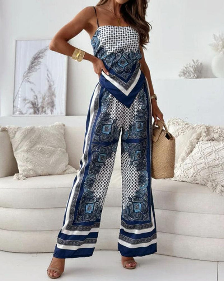 Helen | Set di due pezzi elegante con top a lacci e pantaloni pronti per le vacanze